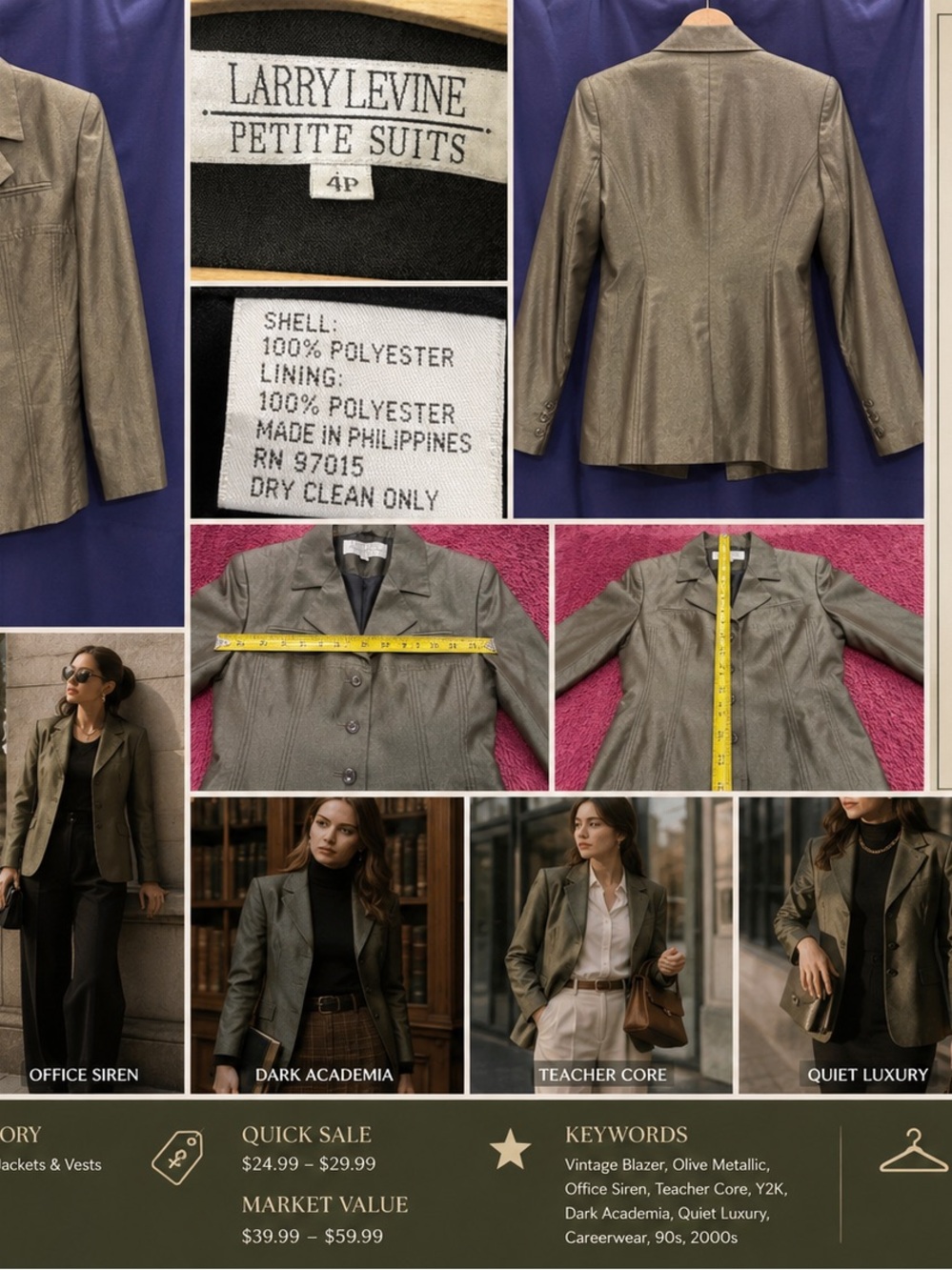 VTG Larry Levine 4P Olive Metallic Blazer Office Siren Teacher Core P4 EUC Boss